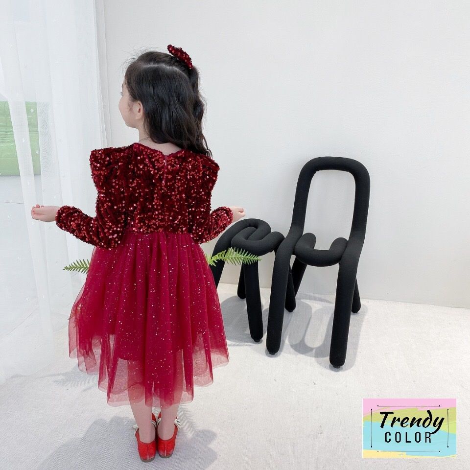 Vestido vino manga larga de lentejuelas y brillos - Imagen 3